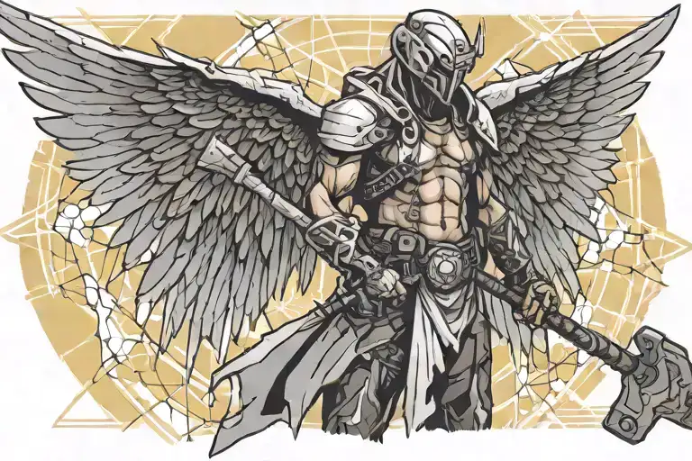 cyberpunk tyreal angel holding sledgehammer with wings made of torn cloth with intricate digital geometric bacground tattoo design idea