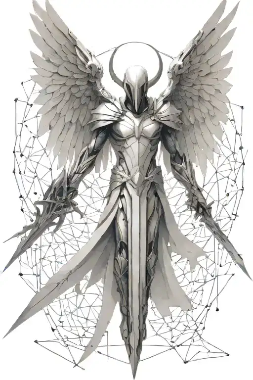 tyrael angel holding a spear, light, long wings, geometric hexagons, large ethereal wings, no feathers  tattoo design idea