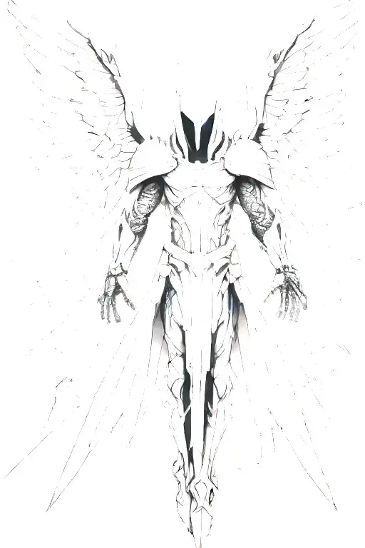 tyrael angel, large ethereal wings spread, spear in right hand tattoo design idea