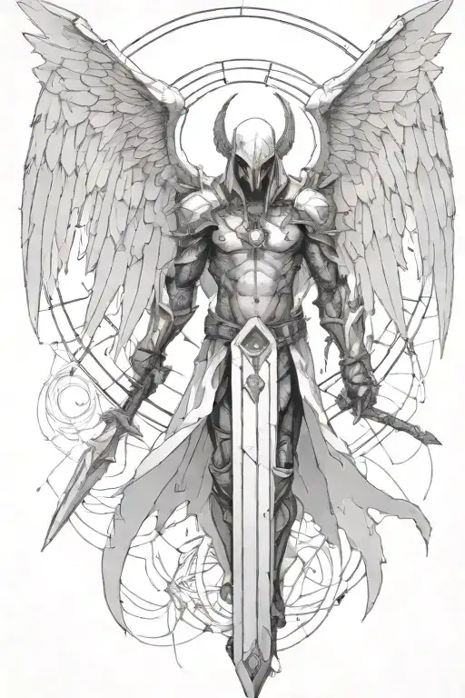 Tyreal angel from  Diablo II, holding spear, no wings, geometric background  tattoo design idea