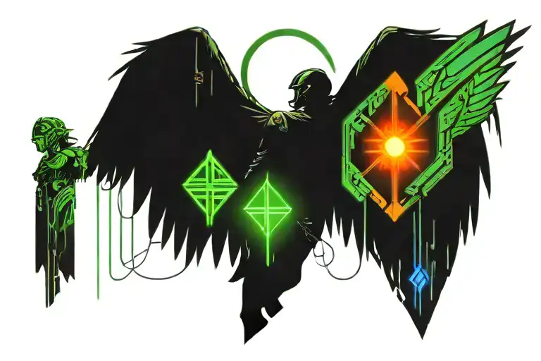 cyberpunk tyreal angel holding warhammer with wings of light with digital geometric bacground tattoo design idea