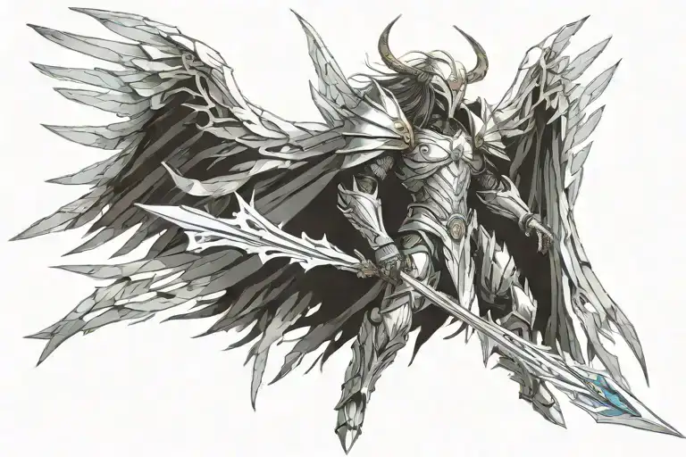 tyrael angel holding a spear, light, long wings, large ethereal wings made of light, mountain top,  tattoo design idea