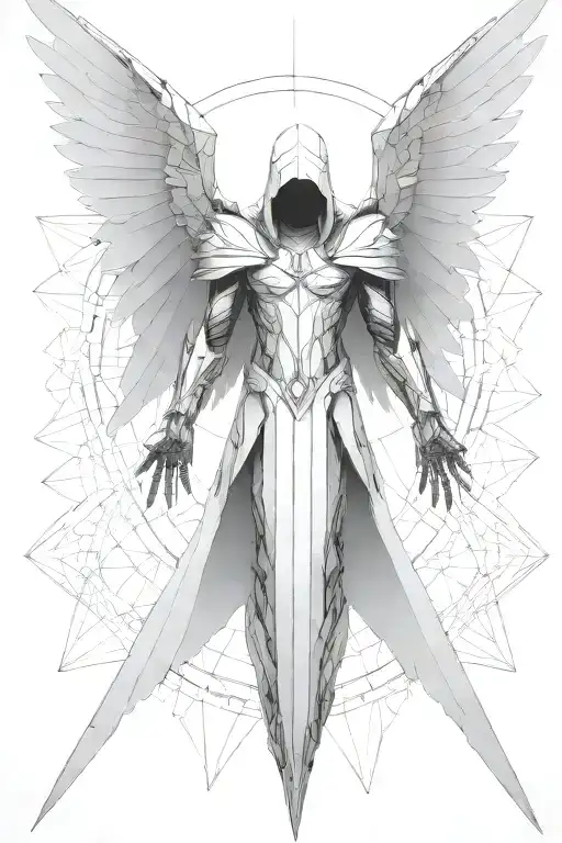 tyrael angel, large ethereal wings spread, spear in right hand, flying, hexagons tattoo design idea