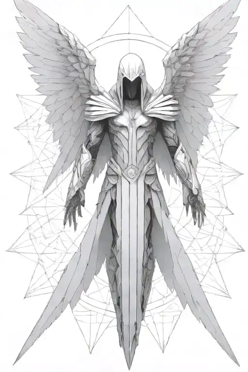tyrael angel, large ethereal wings spread, spear piercing tattoo design idea