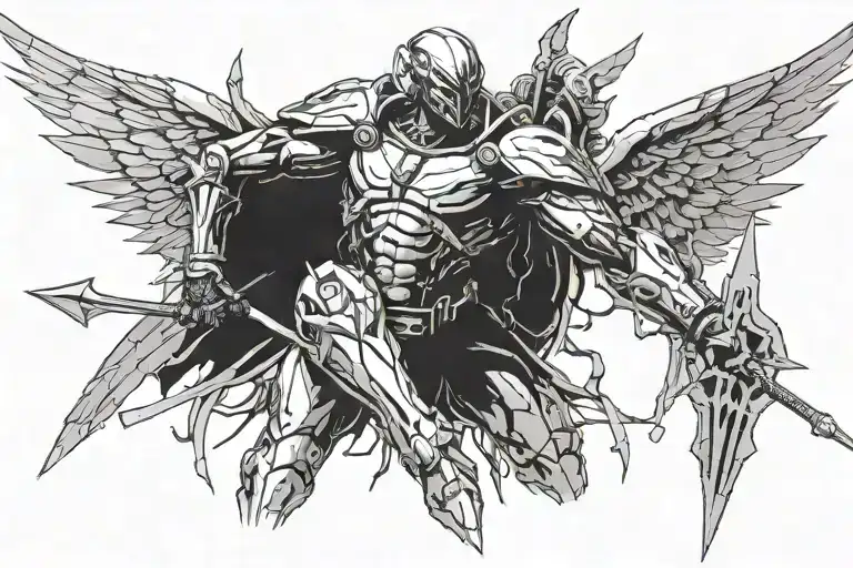 cyberpunk tyreal angel holding spear with wings of light standing on mountian tattoo design idea