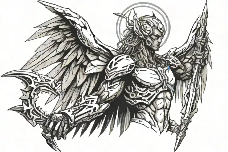 cyberpunk tyreal angel holding spear with wings of light tattoo design idea