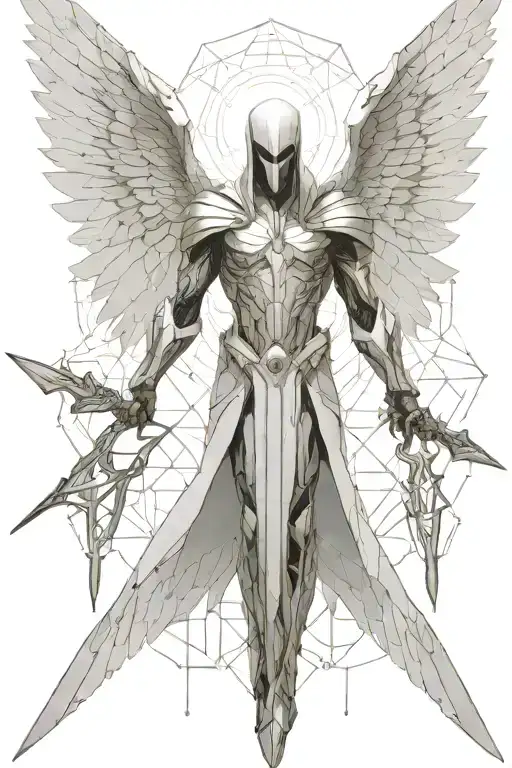 tyrael angel holding a spear, light, long wings, geometric hexagons, large ethereal wings tattoo design idea