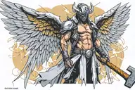 cyberpunk tyreal angel holding sledgehammer with wings made of torn cloth with intricate digital geometric bacground tattoo design idea