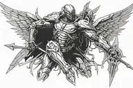 cyberpunk tyreal angel holding spear with wings of light standing on mountian tattoo design idea