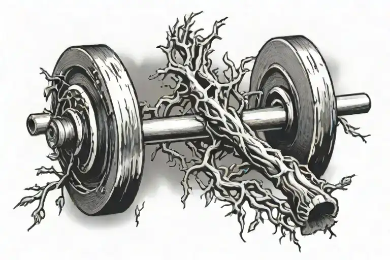 a barbell with roots and tree like features tattoo design idea