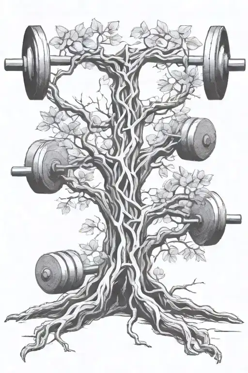 A barbell morphing into a tree with roots symbolizing strength and growth tattoo design idea