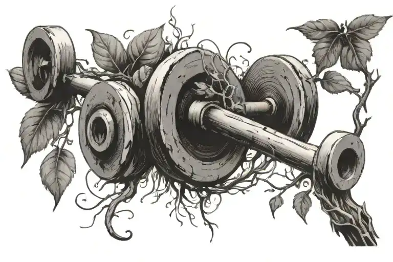 a barbell with roots and a vine tattoo design idea