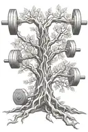 A barbell morphing into a tree with roots symbolizing strength and growth tattoo design idea