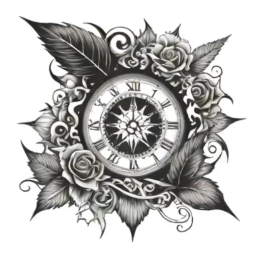 wind rose and clock and the inscription Not all roam are lost tattoo design idea