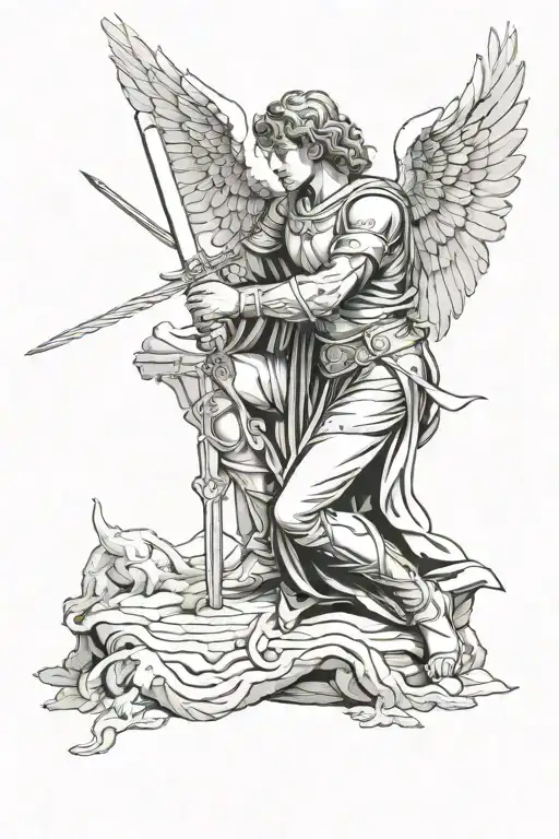 Archangel Michael, sword, kneeling, majestic, tattoo design idea