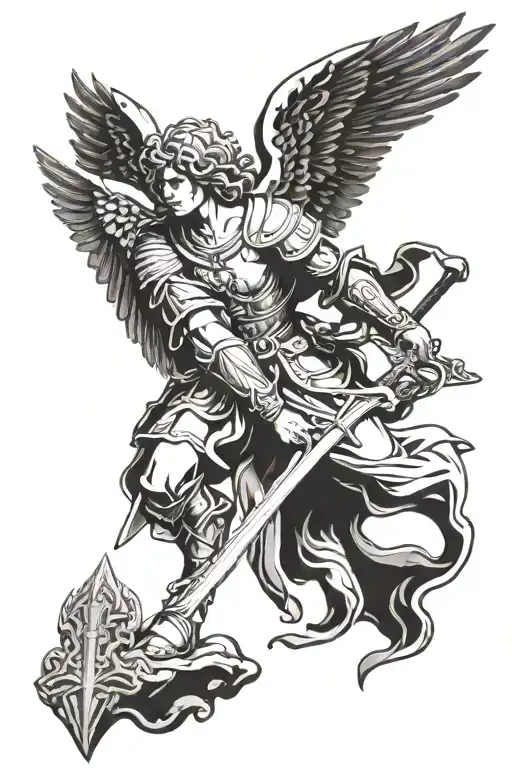 Archangel Michael, sword, kneeling, majestic, tattoo design idea