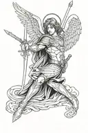 Archangel Michael, sword, kneeling, majestic, tattoo design idea