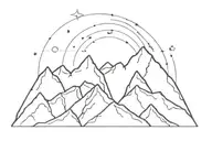 mountain range line drawing filled with finger print with Aries zodiac constellation in the sky above tattoo design idea
