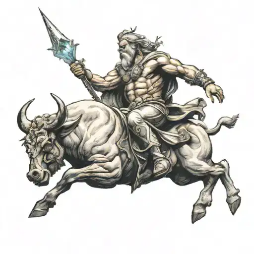 Zeus holding lightning bolt riding bull   tattoo design idea