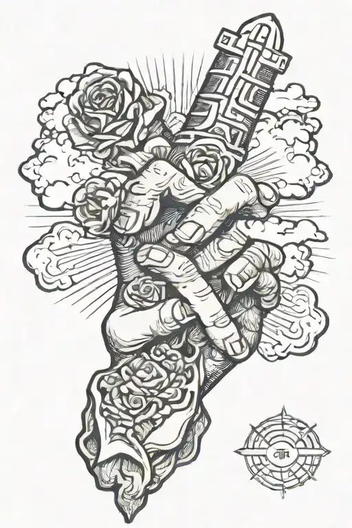 Chapel and hands with rosery wraped around fingers with clouds surrounding  tattoo design idea