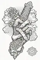 Chapel and hands with rosery wraped around fingers with clouds surrounding  tattoo design idea