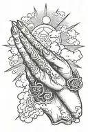 Chapel and hands with rosery wraped around fingers with clouds surrounding  tattoo design idea