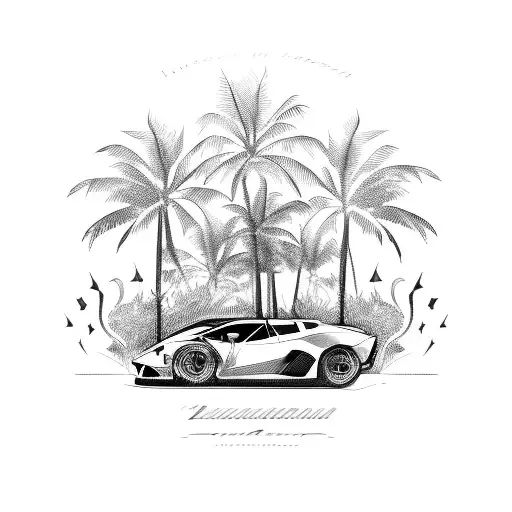 Lamborghini under palmtrees tattoo design idea