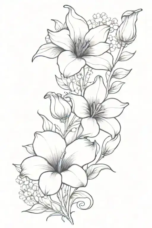 delilah flower sunflower snap dragon flower sweet pea flower and calla lily flower all in a bouquet line  tattoo design idea