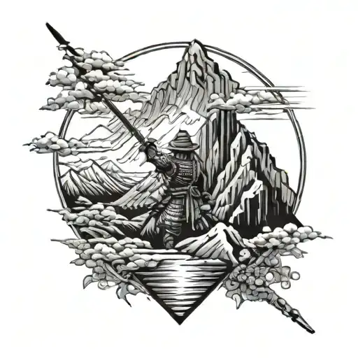 mountains and ronin warrior tattoo design idea