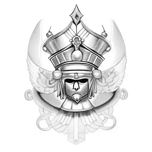 A black-grey tattoo of a traditional Irish claddagh ring combined with a Polish hussar helmet tattoo design idea