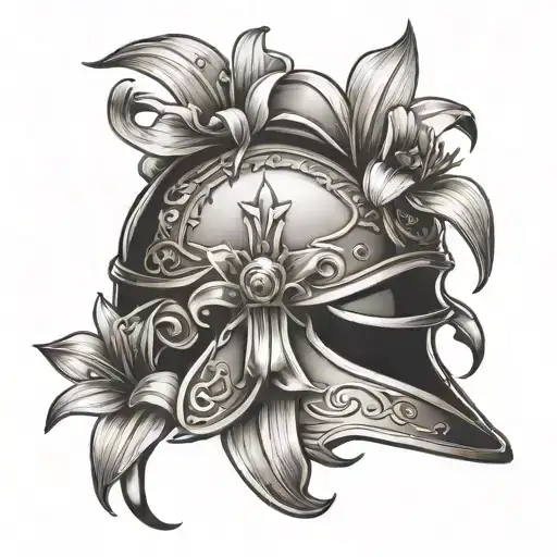 roman helmet lillies wrapping tattoo design idea