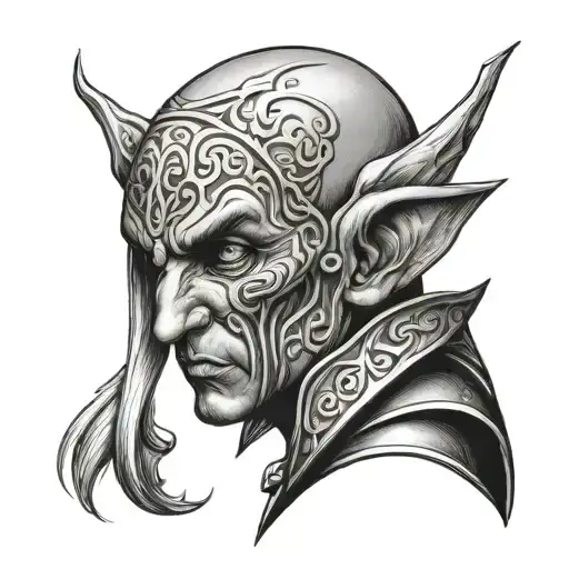 Bald elf warrior face tattoo design idea