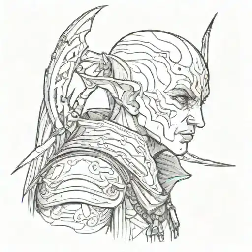 Bald elf warrior with jet black eyes tattoo design idea