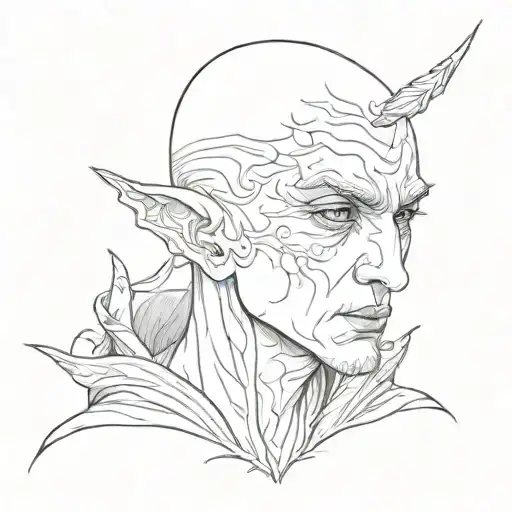 Bald elf face with jet black eyes tattoo design idea
