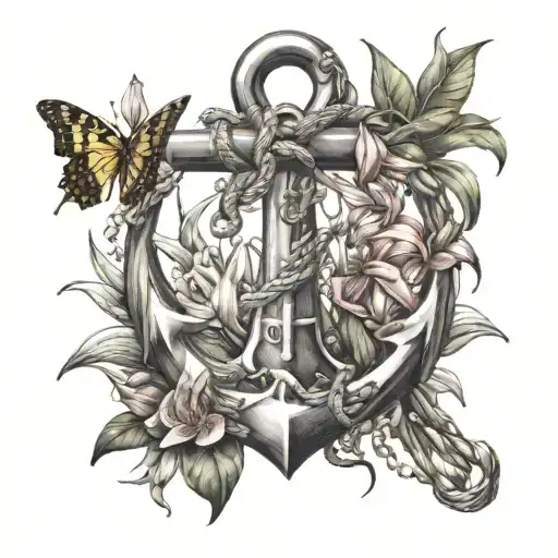 Anchor with broken rope surrounded by oriental lilies, bromeliads, Billbergia nutans with 2 butterflies on the anchor tattoo design idea