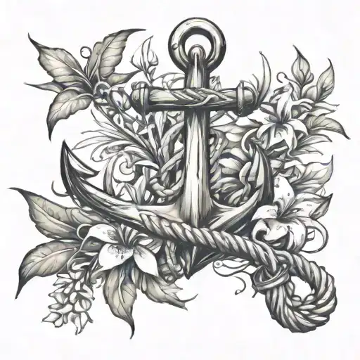Anchor with a broken rope , surrounded by bromeliads and oriental lilies. Add a butterfly at the top of the anchor tattoo design idea