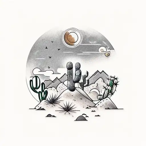 western, sunsets, cactus, dirt roads, mountains tattoo design idea