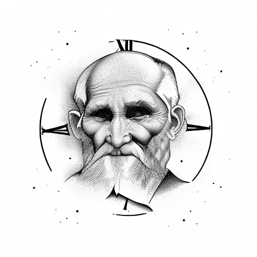 old man with antique clock in forest background tattoo design idea