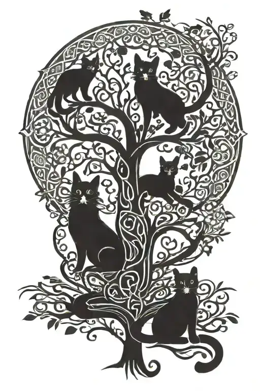 Irish Celtic family tree with Mother, Daughter, Son, cat, and dog tattoo design idea