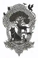 Irish Celtic family tree with Mother, Daughter, Son, cat, and dog tattoo design idea