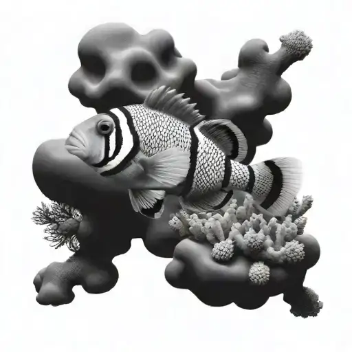 A realistic clown fish swimming through a black and grey reef tank tattoo design idea