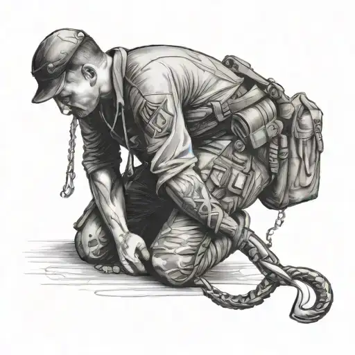 A soldier kneeling in prayer with a fish hook symbolizing faith and strength tattoo design idea