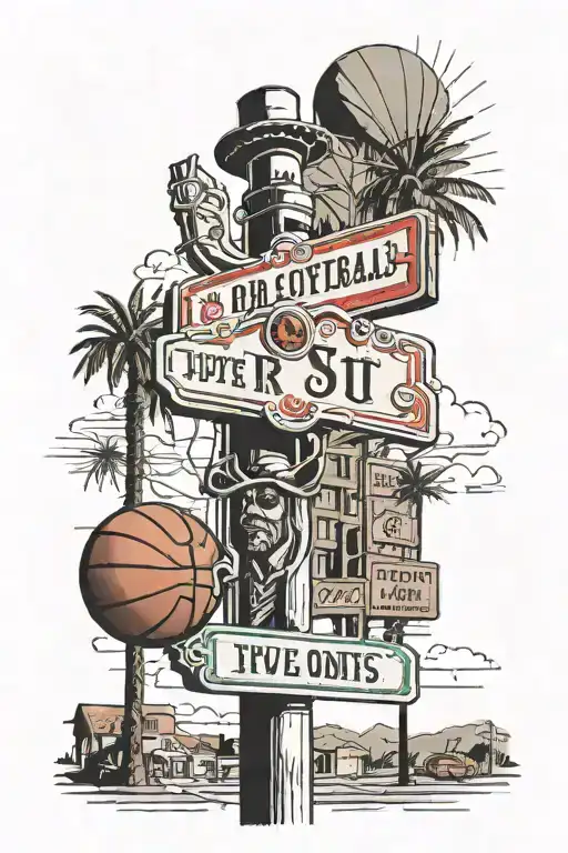 A street sign design featuring Julius Dr & Five Points St with a basketball hoop in the background tattoo design idea