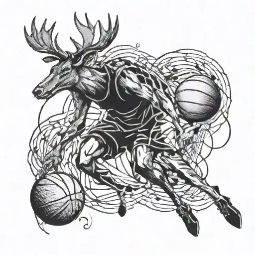 A basketball player dribbling a ball with a deer jumping over them tattoo design idea