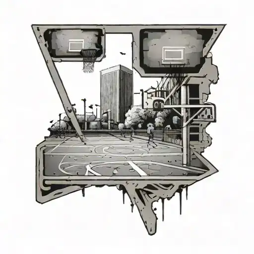 Create a tattoo of a basketball court with street signs of Julius Dr & Five Points St in a dotwork style tattoo design idea