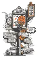 A street sign design featuring Julius Dr & Five Points St with a basketball hoop in the background tattoo design idea