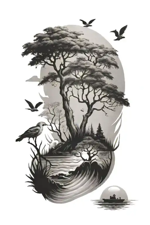 Arm tattoo with trees and ocean, representing nature and animals, respect and love for life, with animals tattoo design idea