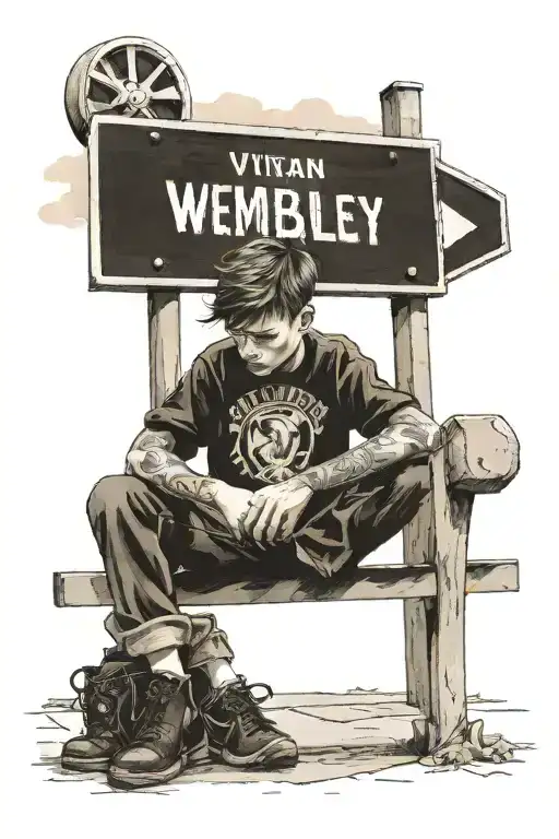 boy sitting in front of a street sign that day "vivian avenue" looking at wembley stadium tattoo design idea