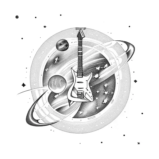 electric guitar and space, planets, galaxy tattoo design idea