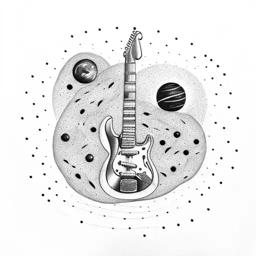 electric guitar and space, planets, galaxy tattoo design idea
